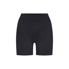 NikeSKIMS SATIN SHINE PANELED 5” BIKER SHORT | OBSIDIAN & LAYS FLAT ON A WHITE BACKGROUND | FLT