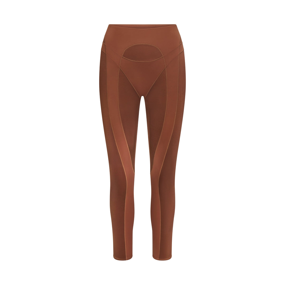 NikeSKIMS SATIN SHINE PANELED 26” LEGGING | CAROB BROWN & LAYS FLAT ON A WHITE BACKGROUND | FLT