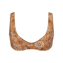 SIGNATURE SWIM PLUNGE BIKINI TOP | ALMOND BANDANA FLAT ON A WHITE BACKGROUND | FLT