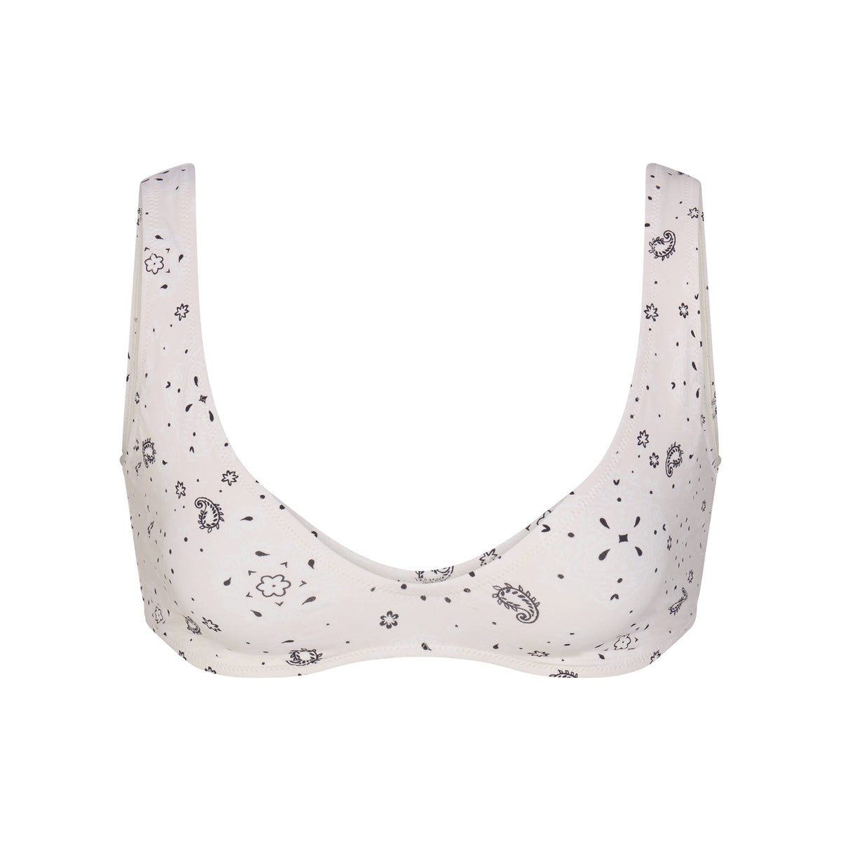 SIGNATURE SWIM PLUNGE BIKINI TOP | ECRU BANDANA PRINT FLAT ON A WHITE BACKGROUND | FLT
