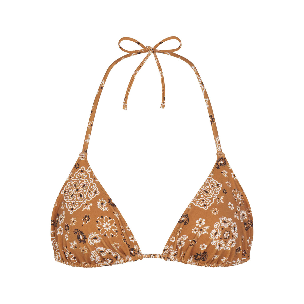 SIGNATURE SWIM TRIANGLE BIKINI TOP | ALMOND BANDANA FLAT ON A WHITE BACKGROUND | FLT
