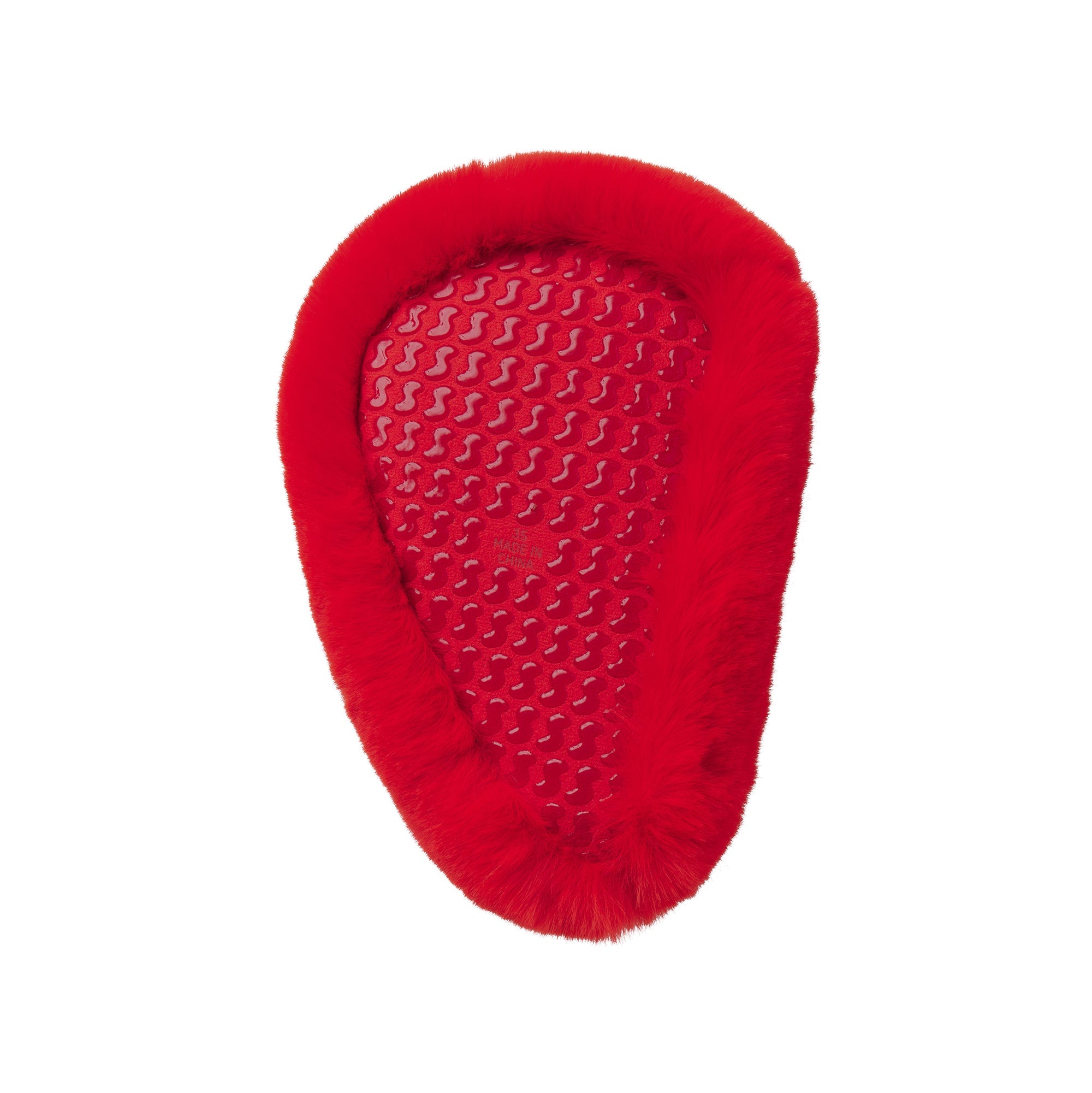 FAUX FUR HEART SLIPPER | RUBY FLAT ON A WHITE BACKGROUND