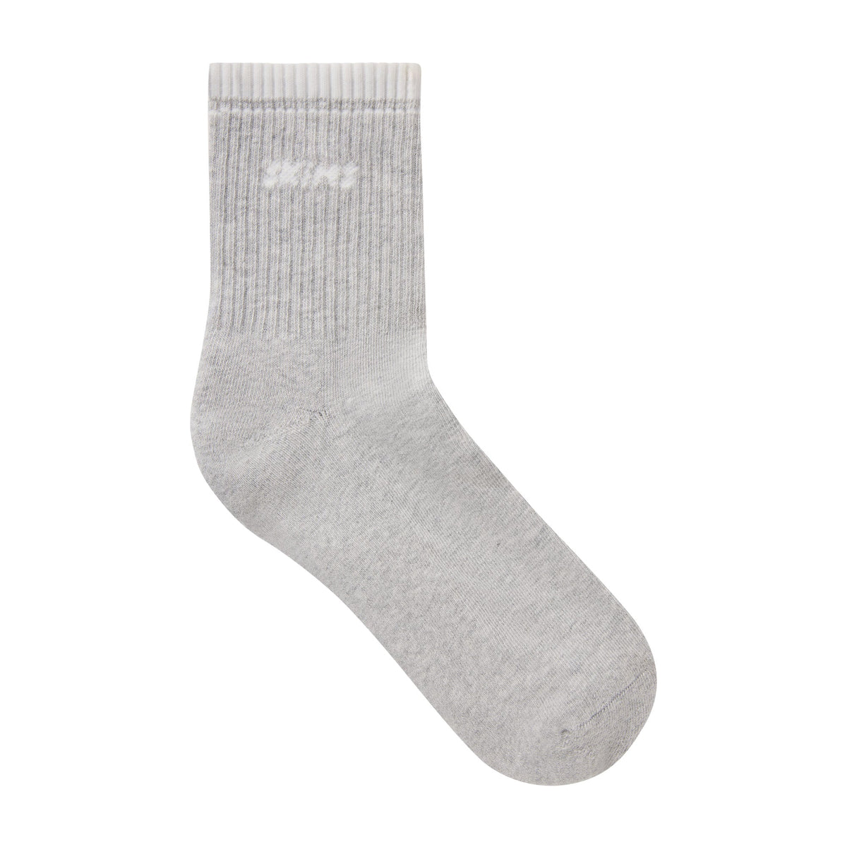 RIBBED QUARTER CREW LOGO SOCK | LIGHT HEATHER GREY AND SNOW & LAYS FLAT ON A WHITE BACKGROUND | FLT