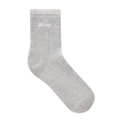 RIBBED QUARTER CREW LOGO SOCK | LIGHT HEATHER GREY AND SNOW & LAYS FLAT ON A WHITE BACKGROUND | FLT