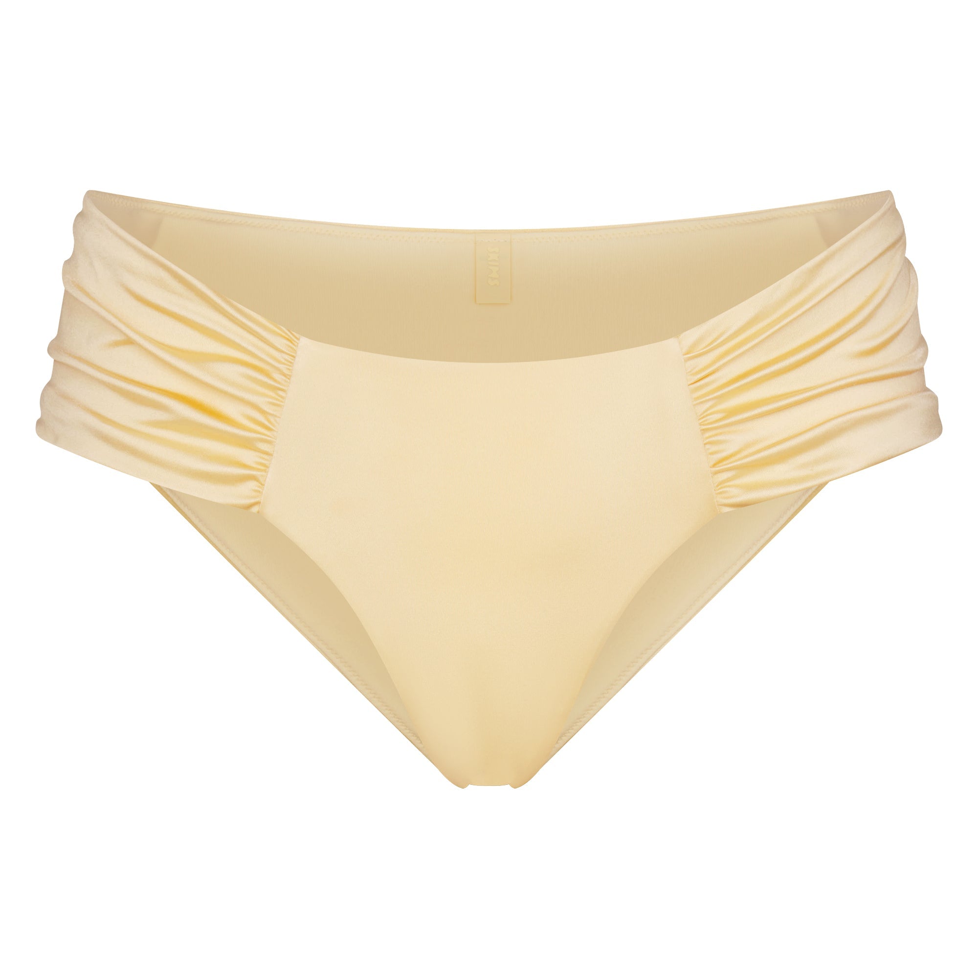 SATIN SWIM RUCHED BIKINI BOTTOM | MARZIPAN FLAT ON A WHITE BACKGROUND | FLT