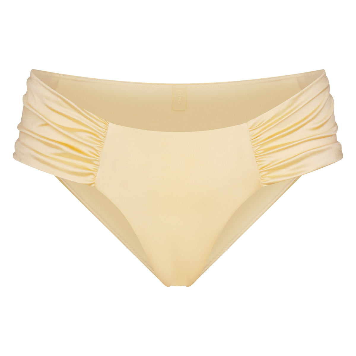 SATIN SWIM RUCHED BIKINI BOTTOM | MARZIPAN FLAT ON A WHITE BACKGROUND | FLT