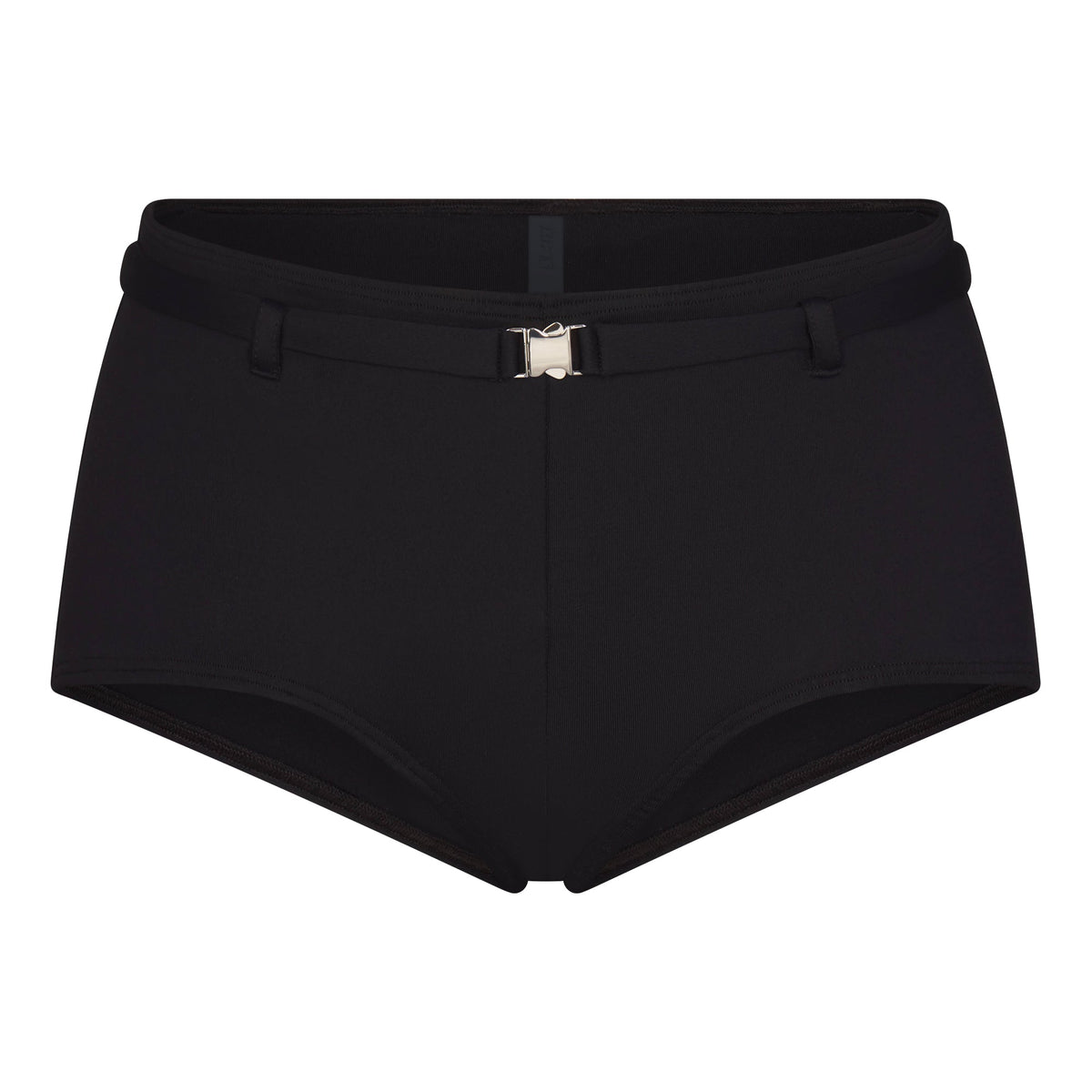 ICONIC SWIM BELTED BOY SHORT BIKINI BOTTOM | OBSIDIAN FLAT ON A WHITE BACKGROUND | FLT