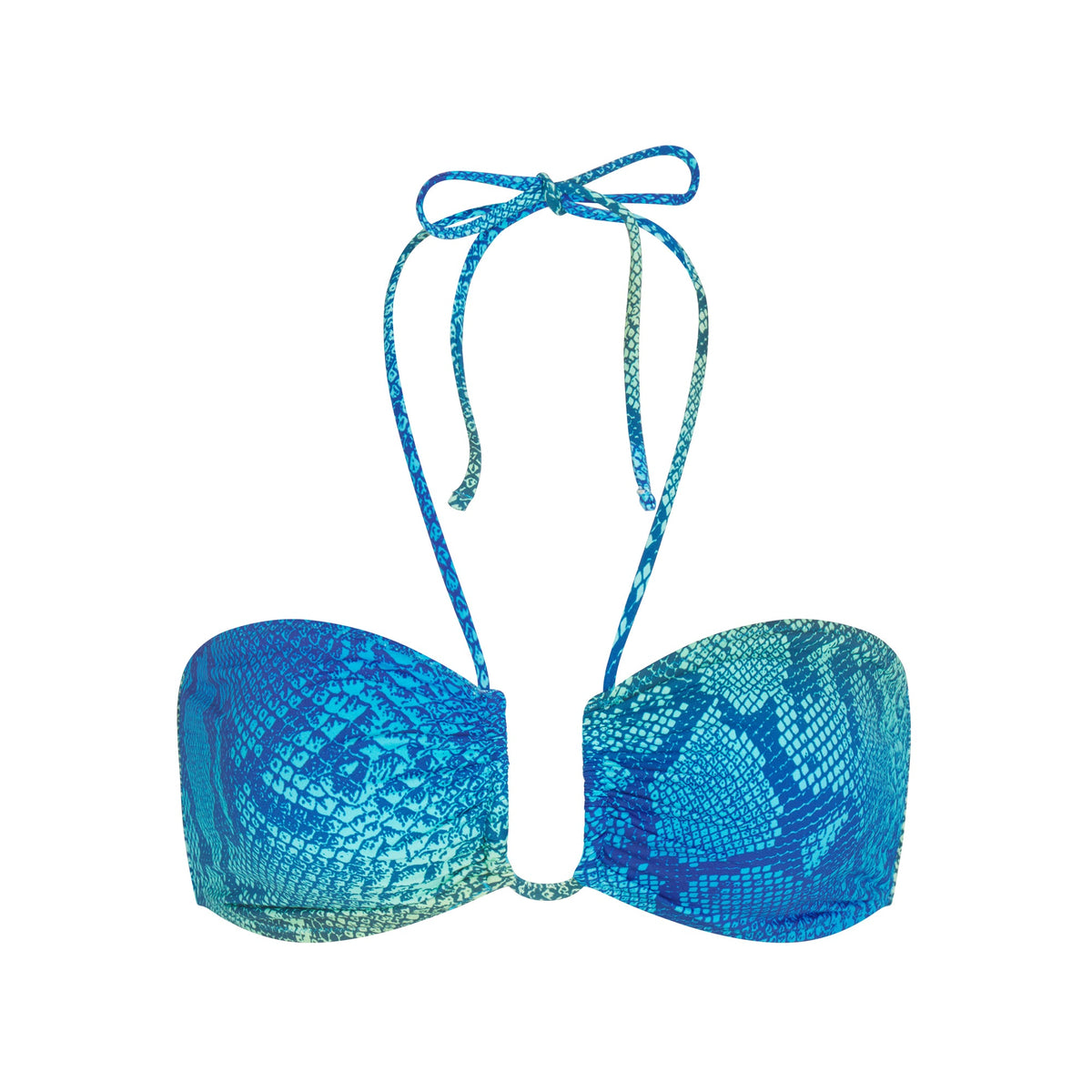 SIGNATURE SWIM HALTER BIKINI TOP | AQUA OMBRE SNAKE LAYS FLAT ON A WHITE BACKGROUND | FLT