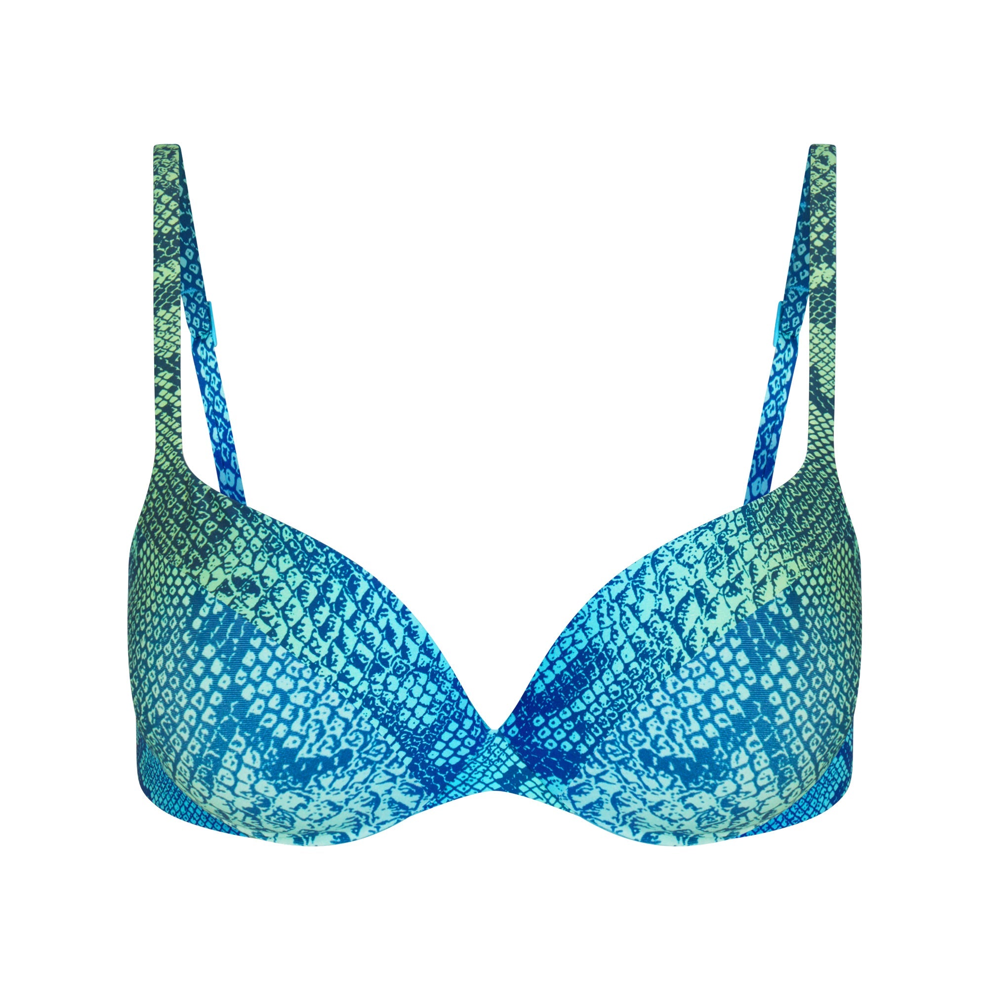 SIGNATURE SWIM ULTIMATE PUSH-UP TIE BACK BIKINI TOP | AQUA OMBRE SNAKE LAYS FLAT ON A WHITE BACKGROUND | FLT