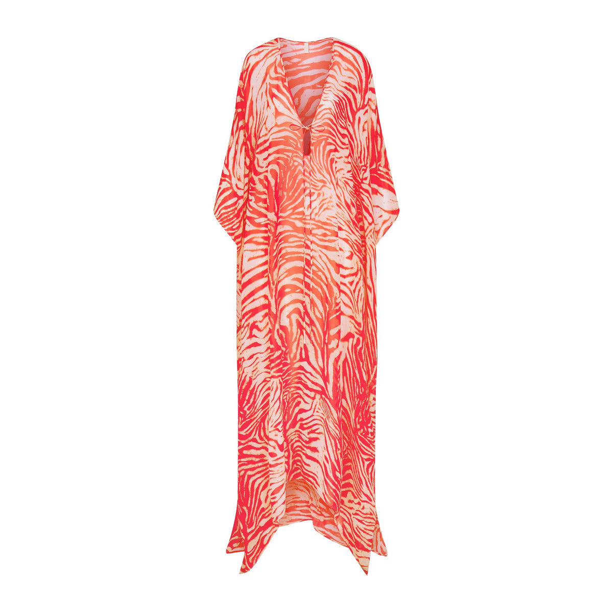 SHEER COVER-UPS LONG KAFTAN | CARMINE ZEBRA PRINT FLAT ON A WHITE BACKGROUND | FLT