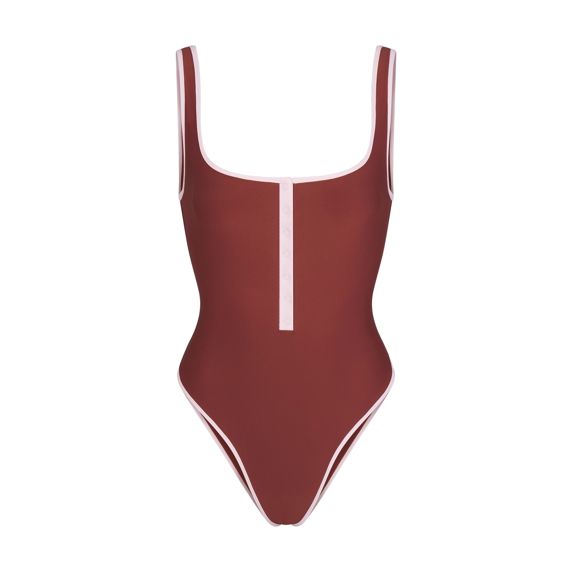 SIGNATURE SWIM SNAP FRONT ONE PIECE | HENNA CONTRAST LAYS FLAT ON A WHITE BACKGROUND | FLT