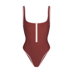 SIGNATURE SWIM SNAP FRONT ONE PIECE | HENNA CONTRAST LAYS FLAT ON A WHITE BACKGROUND | FLT