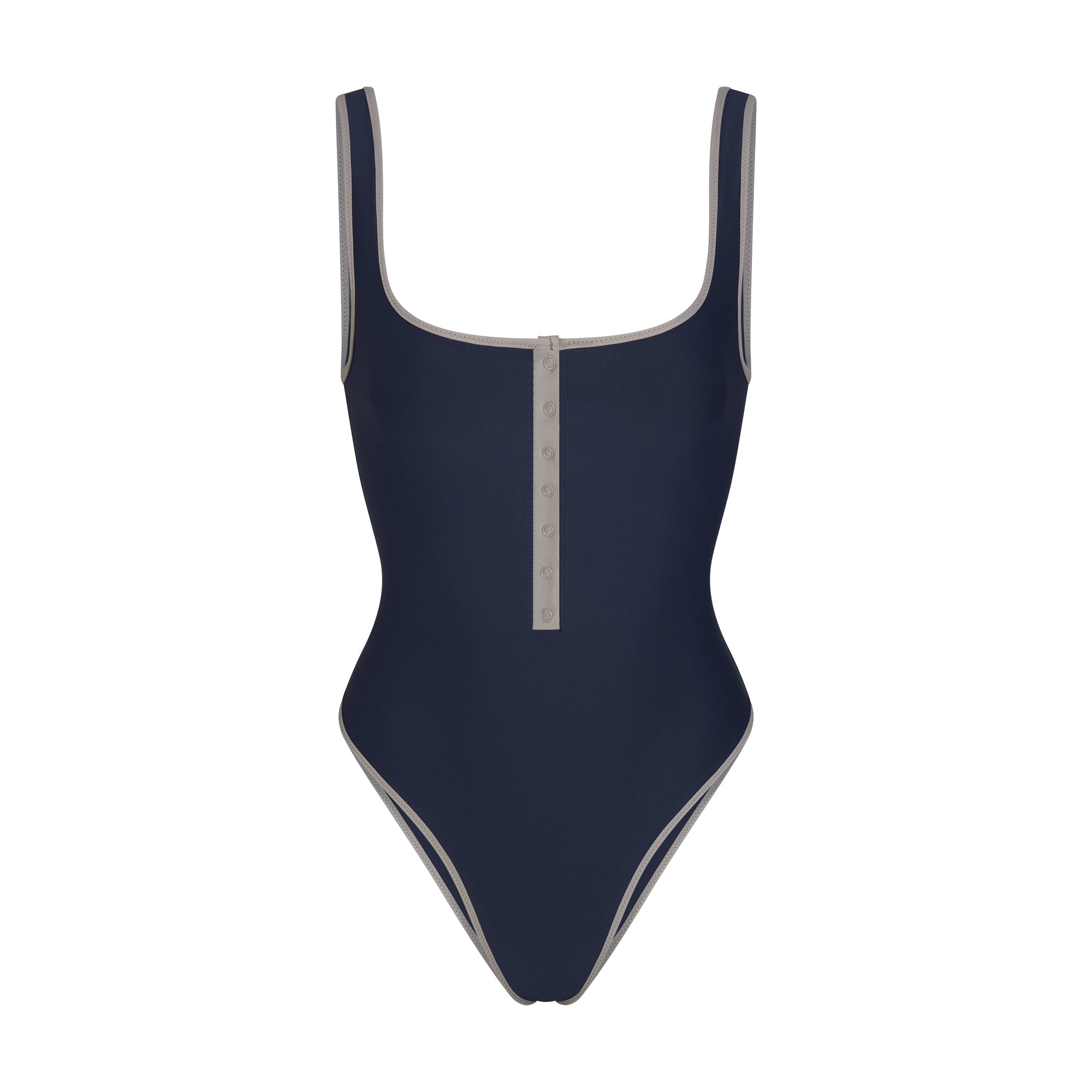 SIGNATURE SWIM SNAP FRONT ONE PIECE | NAVY CONTRAST LAYS FLAT ON A WHITE BACKGROUND | FLT