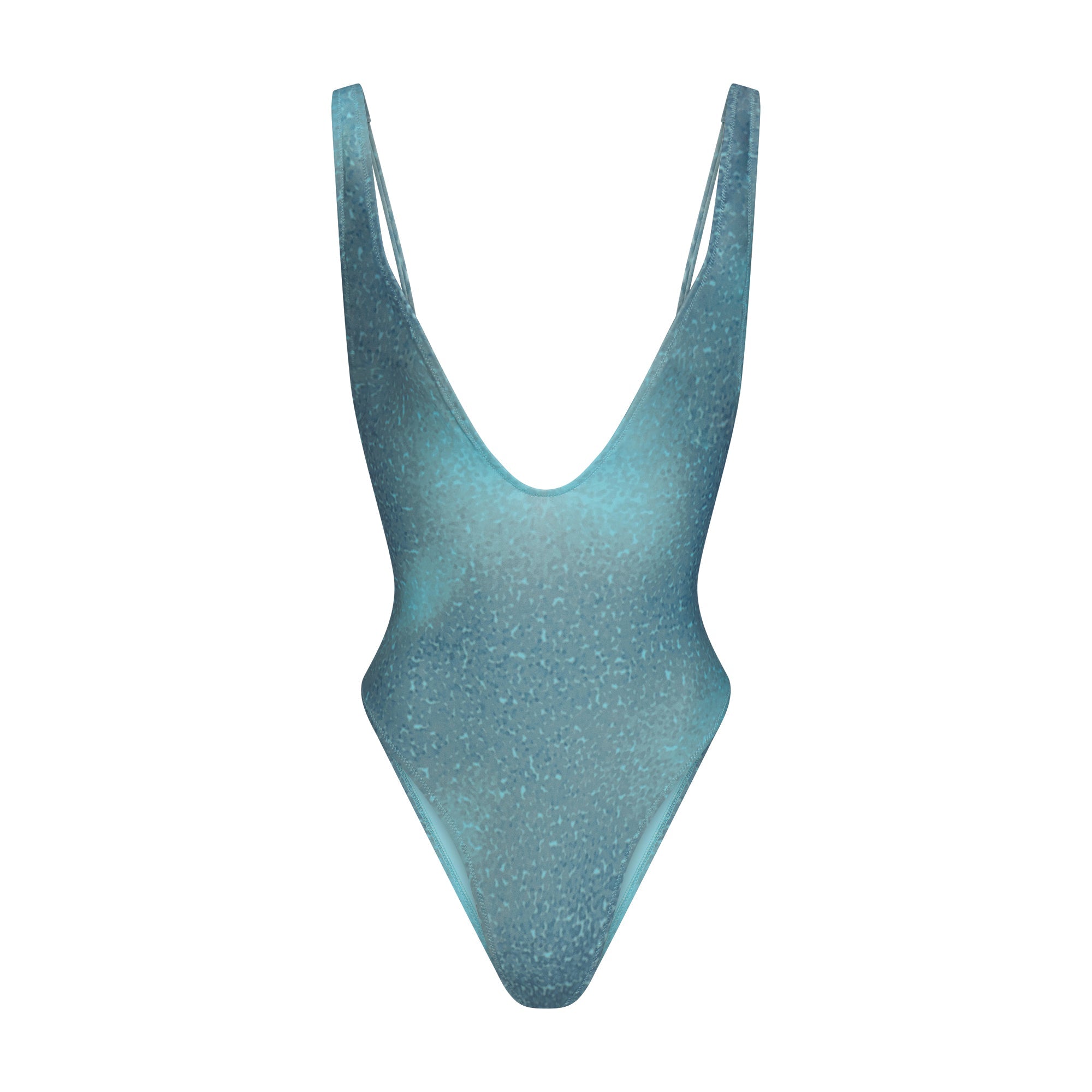 SIGNATURE SWIM PLUNGE ONE PIECE | CYAN FK OMBRE PRINT LAYS FLAT ON A WHITE BACKGROUND | FLT
