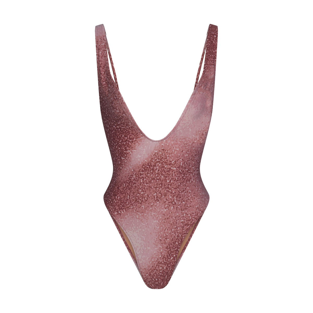 SIGNATURE SWIM PLUNGE ONE PIECE | HENNA FK OMBRE PRINT LAYS FLAT ON A WHITE BACKGROUND | FLT