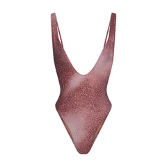 SIGNATURE SWIM PLUNGE ONE PIECE | HENNA FK OMBRE PRINT LAYS FLAT ON A WHITE BACKGROUND | FLT
