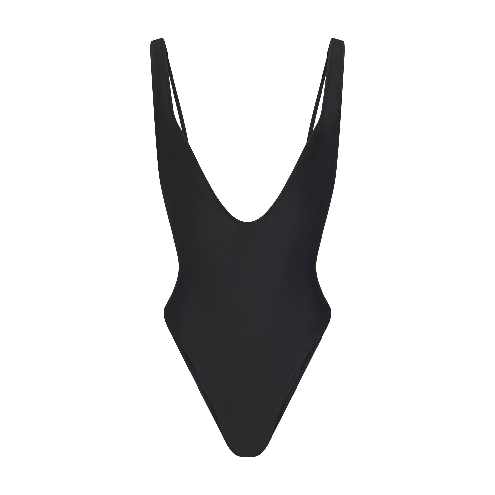 SIGNATURE SWIM PLUNGE ONE PIECE | ONYX LAYS FLAT ON A WHITE BACKGROUND | FLT