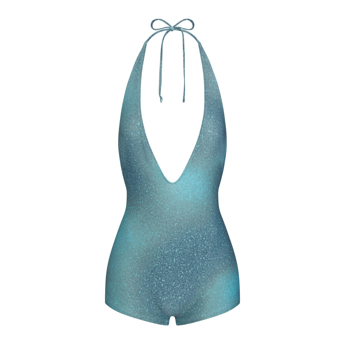 SIGNATURE SWIM PLUNGE SHORTIE ONE PIECE | CYAN FK OMBRE PRINT LAYS FLAT ON A WHITE BACKGROUND | FLT