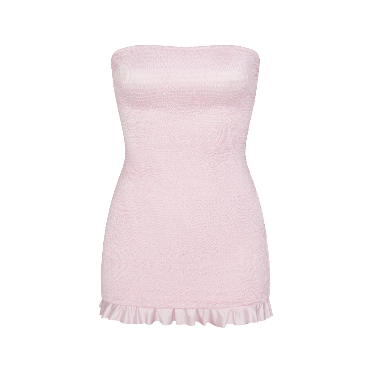 SATIN SWIM RUCHED MINI DRESS | CHERRY BLOSSOM FLAT ON A WHITE BACKGROUND | FLT