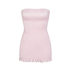 SATIN SWIM RUCHED MINI DRESS | CHERRY BLOSSOM FLAT ON A WHITE BACKGROUND | FLT