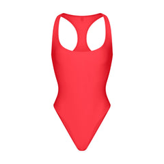 ICONIC SWIM RACERBACK ONE PIECE | CARMINE FLAT ON A WHITE BACKGROUND | FLT