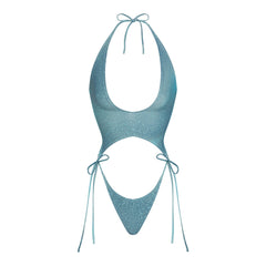 SIGNATURE SWIM PLUNGE MONOKINI | CYAN FK OMBRE PRINT LAYS FLAT ON A WHITE BACKGROUND | FLT