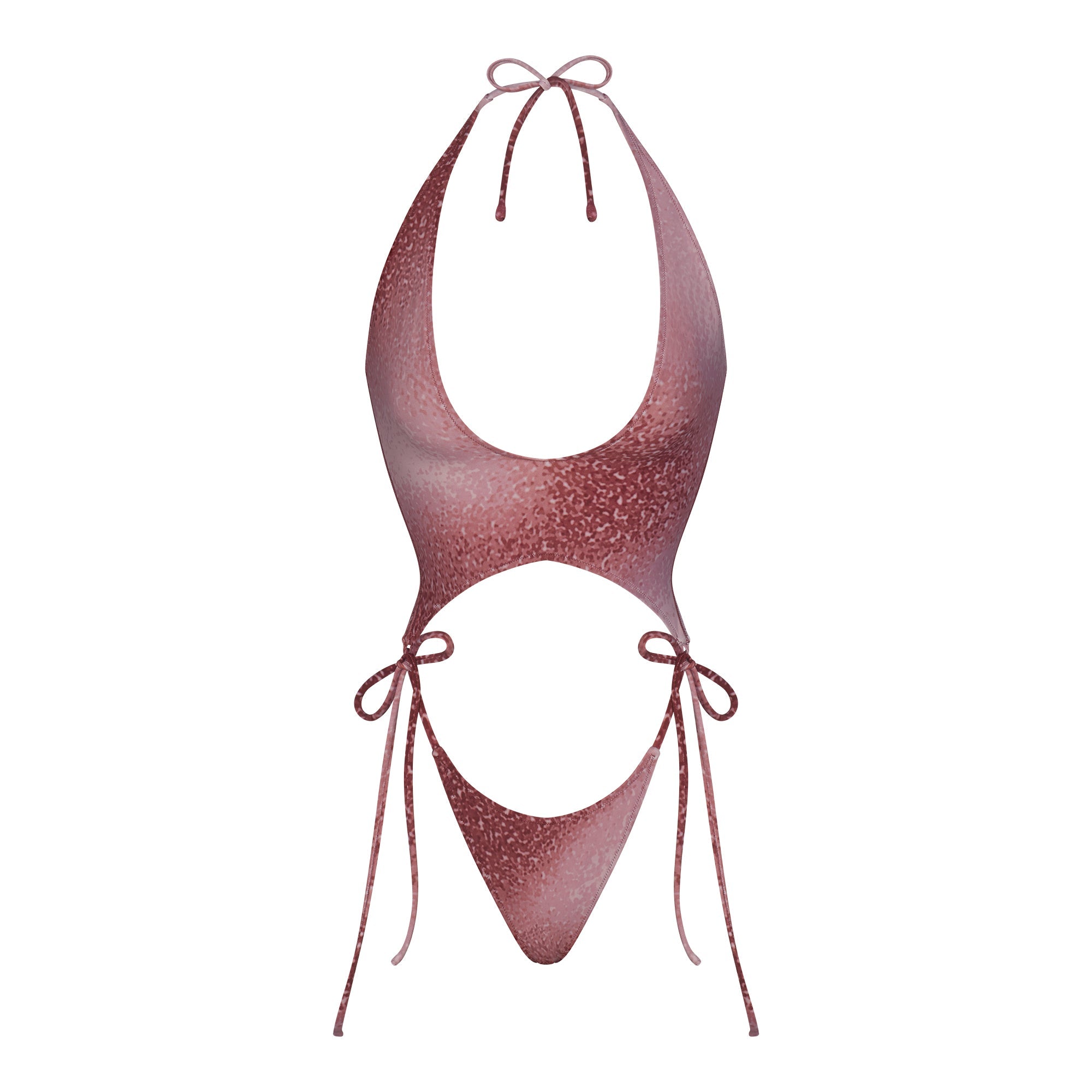 SIGNATURE SWIM PLUNGE MONOKINI | HENNA FK OMBRE PRINT LAYS FLAT ON A WHITE BACKGROUND | FLT