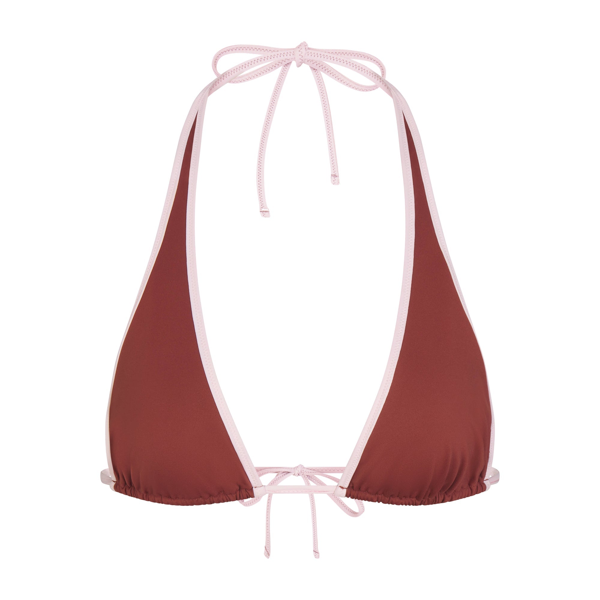 SIGNATURE SWIM HALTER PLUNGE BIKINI TOP | HENNA CONTRAST LAYS FLAT ON A WHITE BACKGROUND | FLT