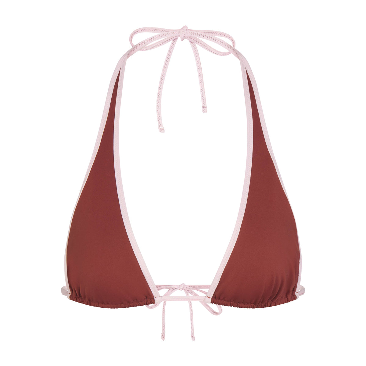 SIGNATURE SWIM HALTER PLUNGE BIKINI TOP | HENNA CONTRAST LAYS FLAT ON A WHITE BACKGROUND | FLT