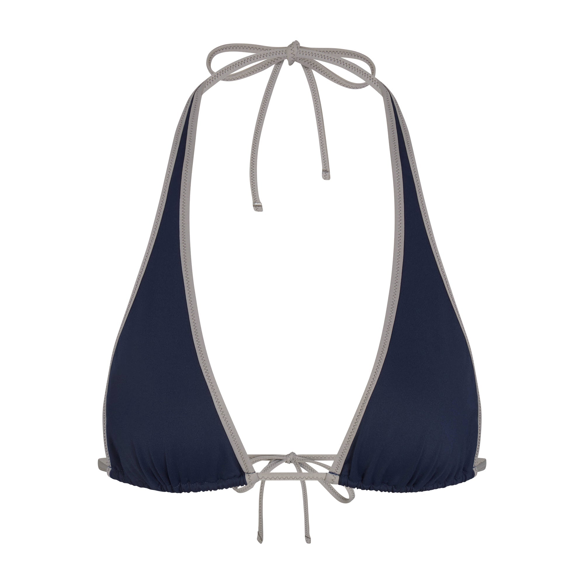 SIGNATURE SWIM HALTER PLUNGE BIKINI TOP | NAVY CONTRAST LAYS FLAT ON A WHITE BACKGROUND | FLT