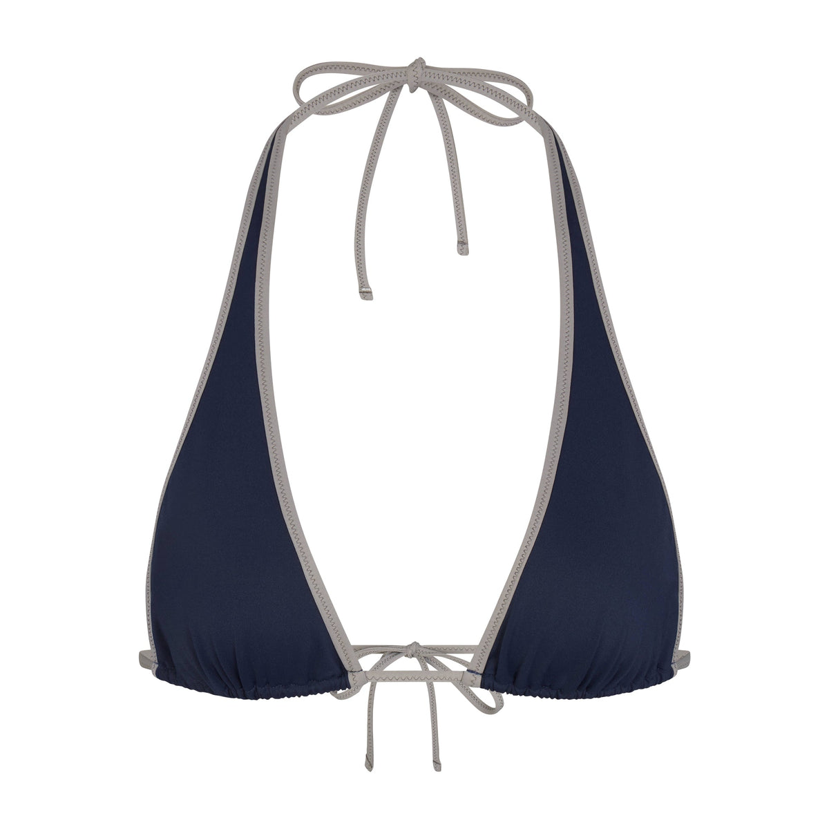 SIGNATURE SWIM HALTER PLUNGE BIKINI TOP | NAVY CONTRAST LAYS FLAT ON A WHITE BACKGROUND | FLT