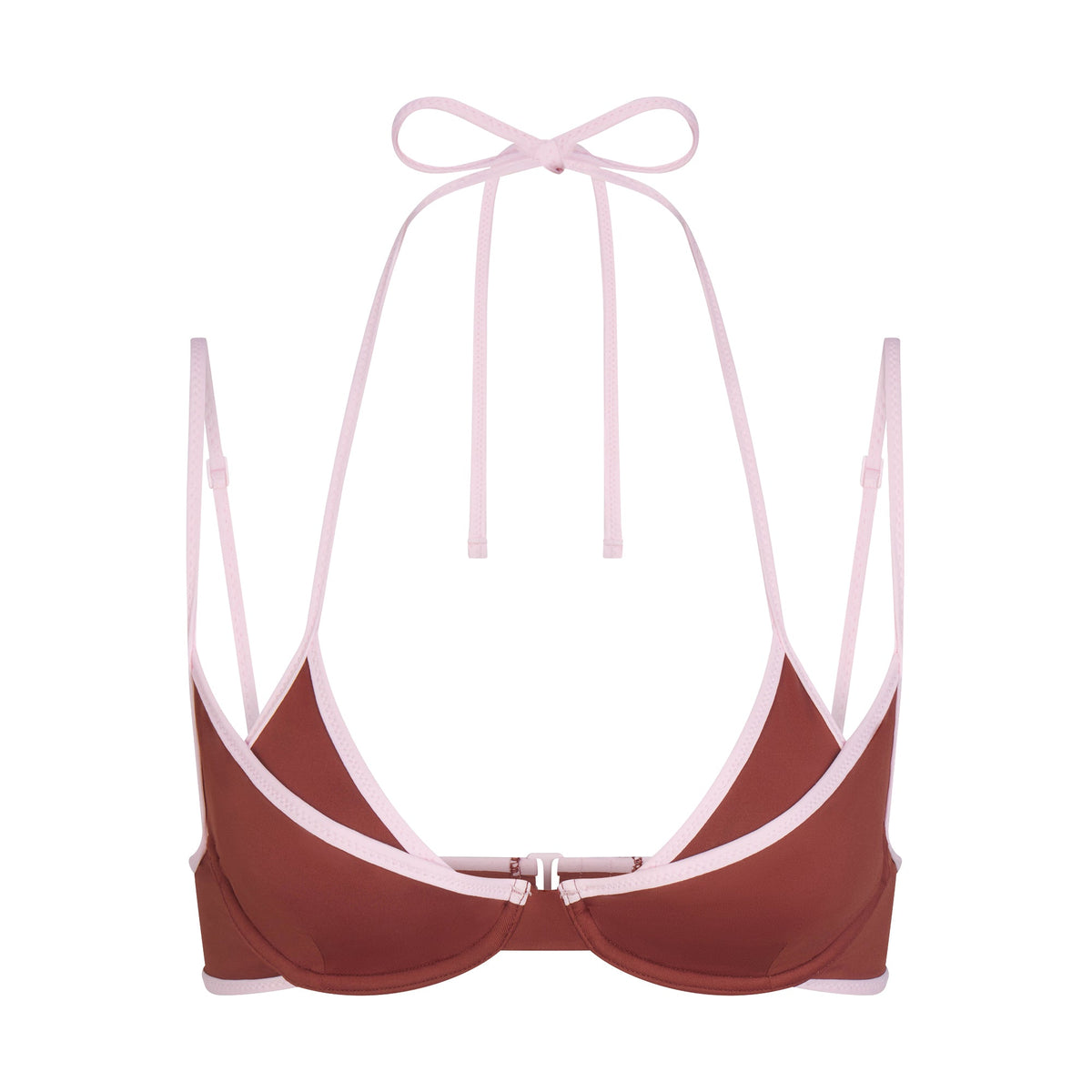 SIGNATURE SWIM LAYERED PLUNGE BIKINI TOP | HENNA CONTRAST LAYS FLAT ON A WHITE BACKGROUND | FLT