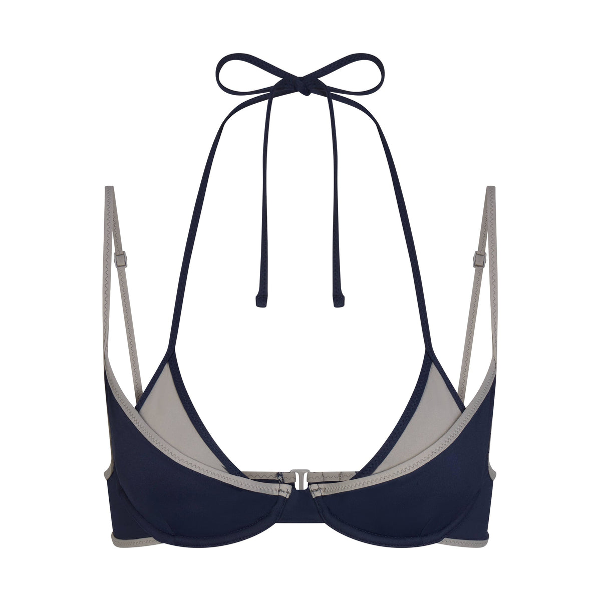 SIGNATURE SWIM LAYERED PLUNGE BIKINI TOP | NAVY CONTRAST LAYS FLAT ON A WHITE BACKGROUND | FLT