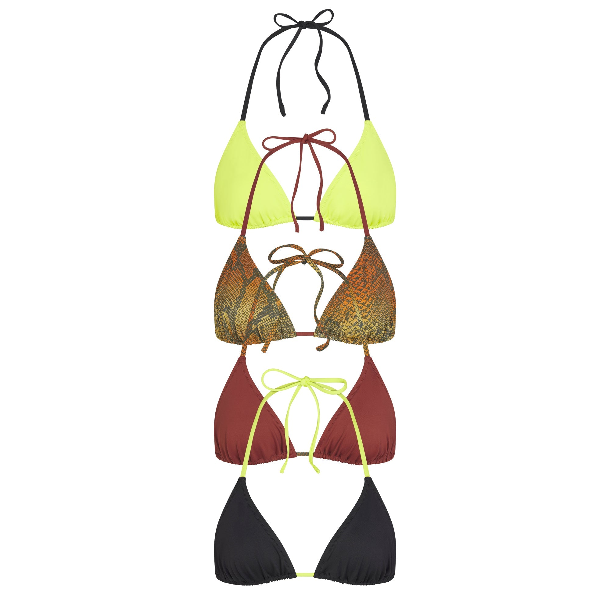 SIGNATURE SWIM TRIANGLE BIKINI TOP 4-PACK | OMBRE SNAKE MULTI LAYS FLAT ON A WHITE BACKGROUND   | FLT