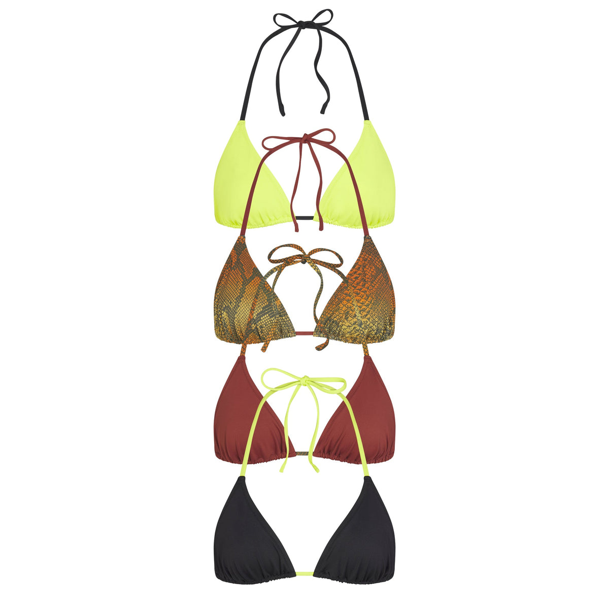 SIGNATURE SWIM TRIANGLE BIKINI TOP 4-PACK | OMBRE SNAKE MULTI LAYS FLAT ON A WHITE BACKGROUND   | FLT