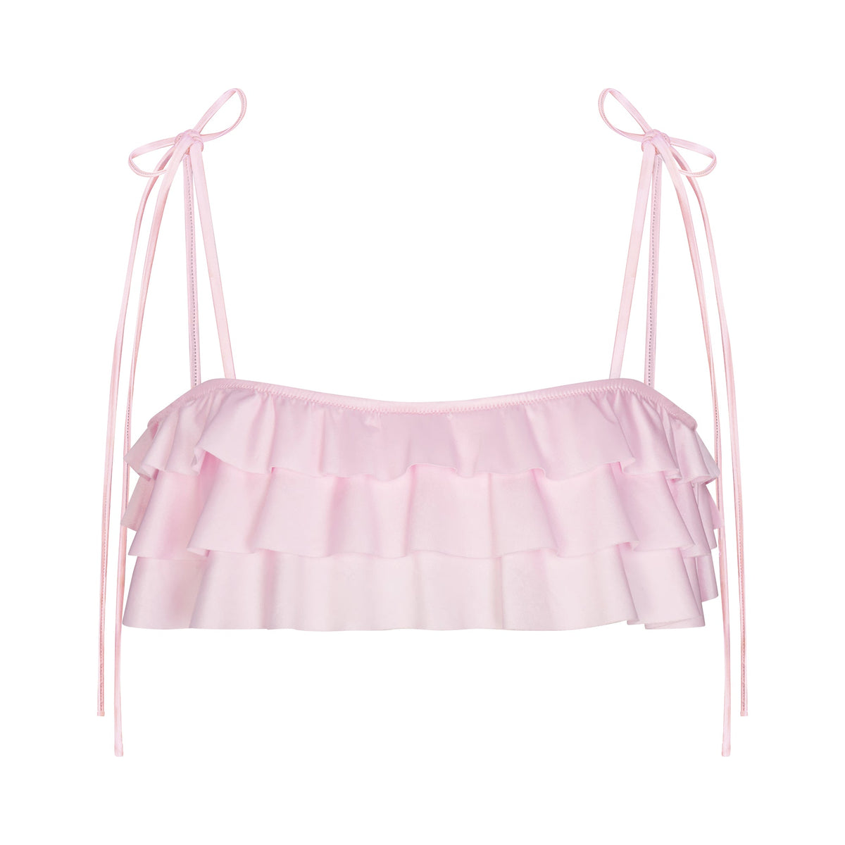 SATIN SWIM RUFFLE BANDEAU BIKINI TOP | CHERRY BLOSSOM FLAT ON A WHITE BACKGROUND | FLT