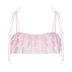 SATIN SWIM RUFFLE BANDEAU BIKINI TOP | CHERRY BLOSSOM FLAT ON A WHITE BACKGROUND | FLT