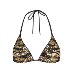 ICONIC SWIM SEQUIN TRIANGLE BIKINI TOP | BISCOTTI SEQUINED ZEBRA FLAT ON A WHITE BACKGROUND 
