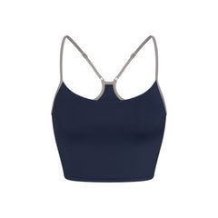 SIGNATURE SWIM CAMI TOP | NAVY CONTRAST LAYS FLAT ON A WHITE BACKGROUND | FLT