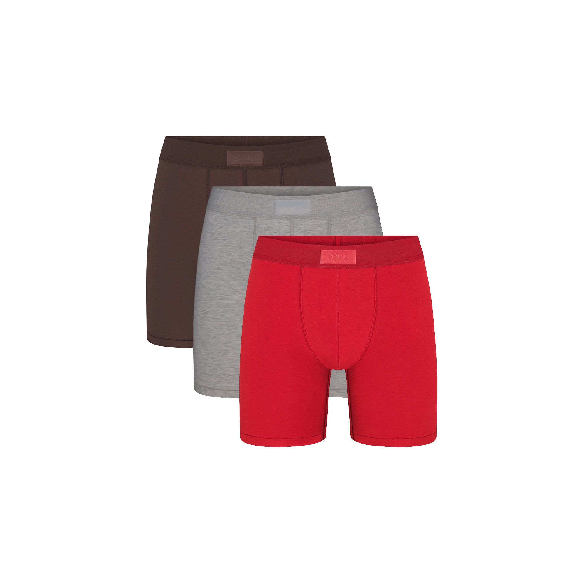 SKIMS COTTON MENS 5" BOXER BRIEF 3-PACK | RUBY ESPRESSO MULTI FLAT ON A WHITE BACKGROUND @ | FOCUS: 0.0, 1.0, 0.9