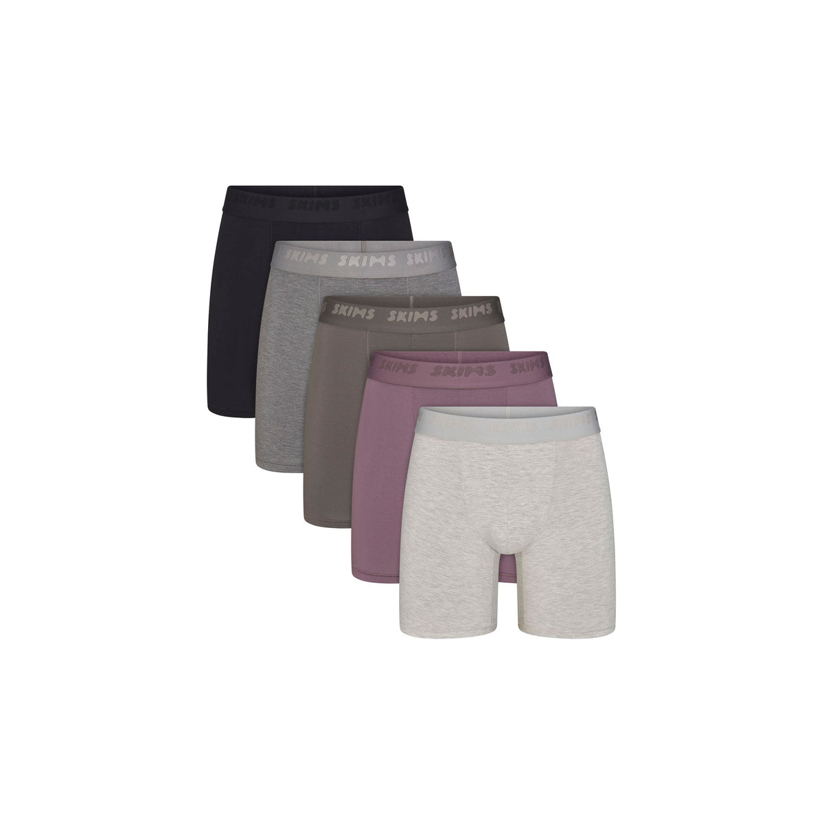 SKIMS STRETCH MENS 5" BOXER BRIEF 5-PACK | IRIS GUNMETAL MULTI FLAT ON A WHITE BACKGROUND | FLT @ | FOCUS: 0.0, 1.0, 0.9