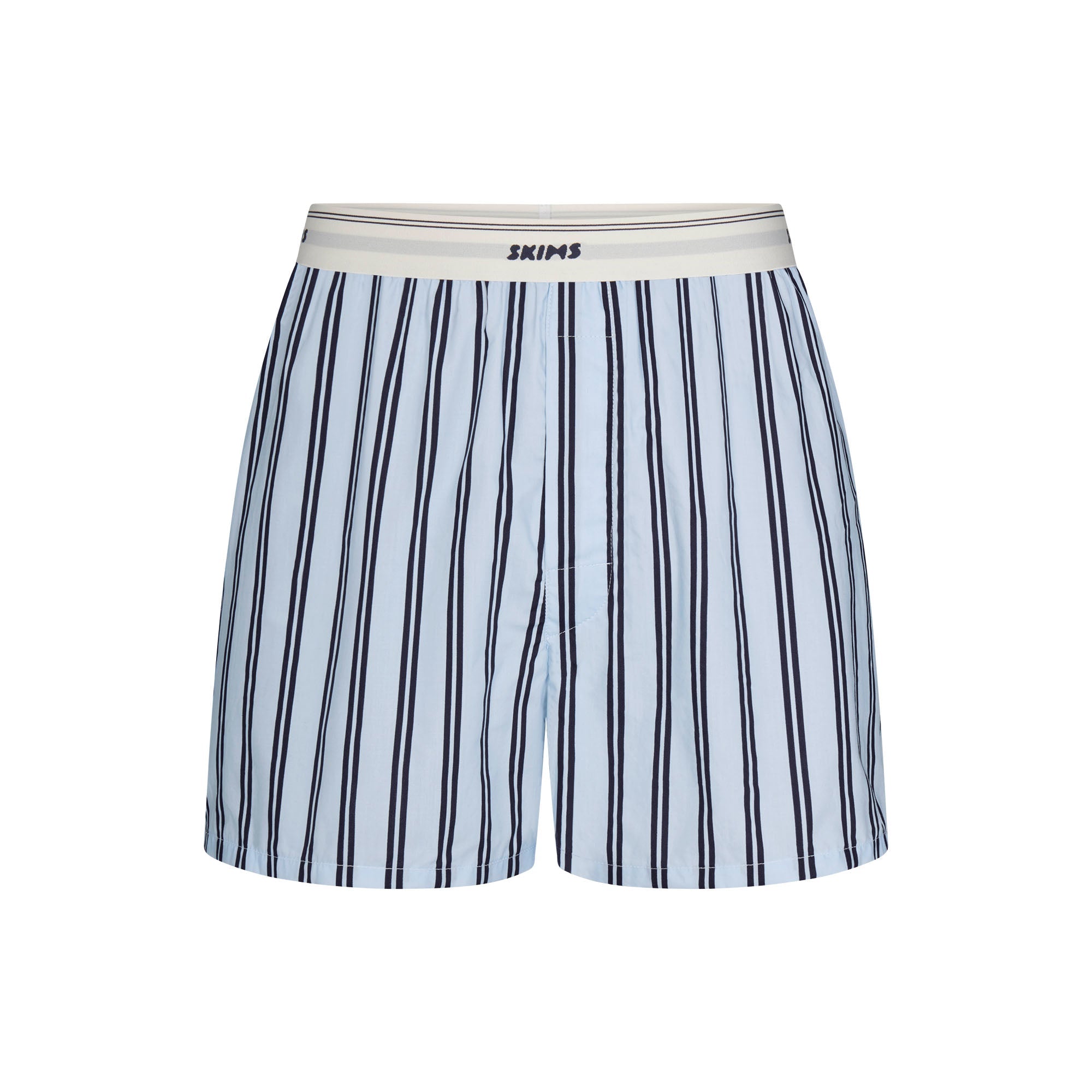 COTTON POPLIN MENS LOGO BAND BOXER | PERIWINKLE STRIPE FLAT ON A WHITE BACKGROUND | FLT