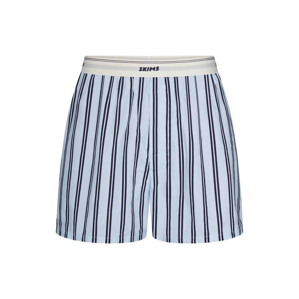 COTTON POPLIN MENS LOGO BAND BOXER | PERIWINKLE STRIPE FLAT ON A WHITE BACKGROUND | FLT