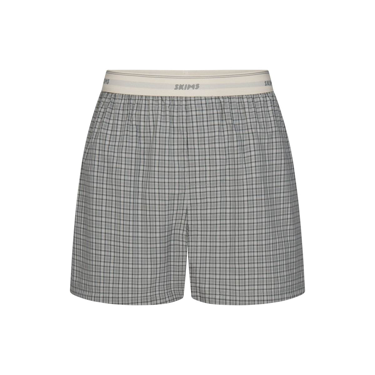 COTTON POPLIN MENS LOGO BAND BOXER | SLATE GREY CHECK FLAT ON A WHITE BACKGROUND | FLT
