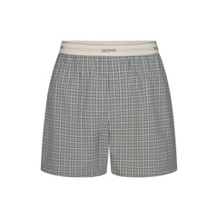 COTTON POPLIN MENS LOGO BAND BOXER | SLATE GREY CHECK FLAT ON A WHITE BACKGROUND | FLT
