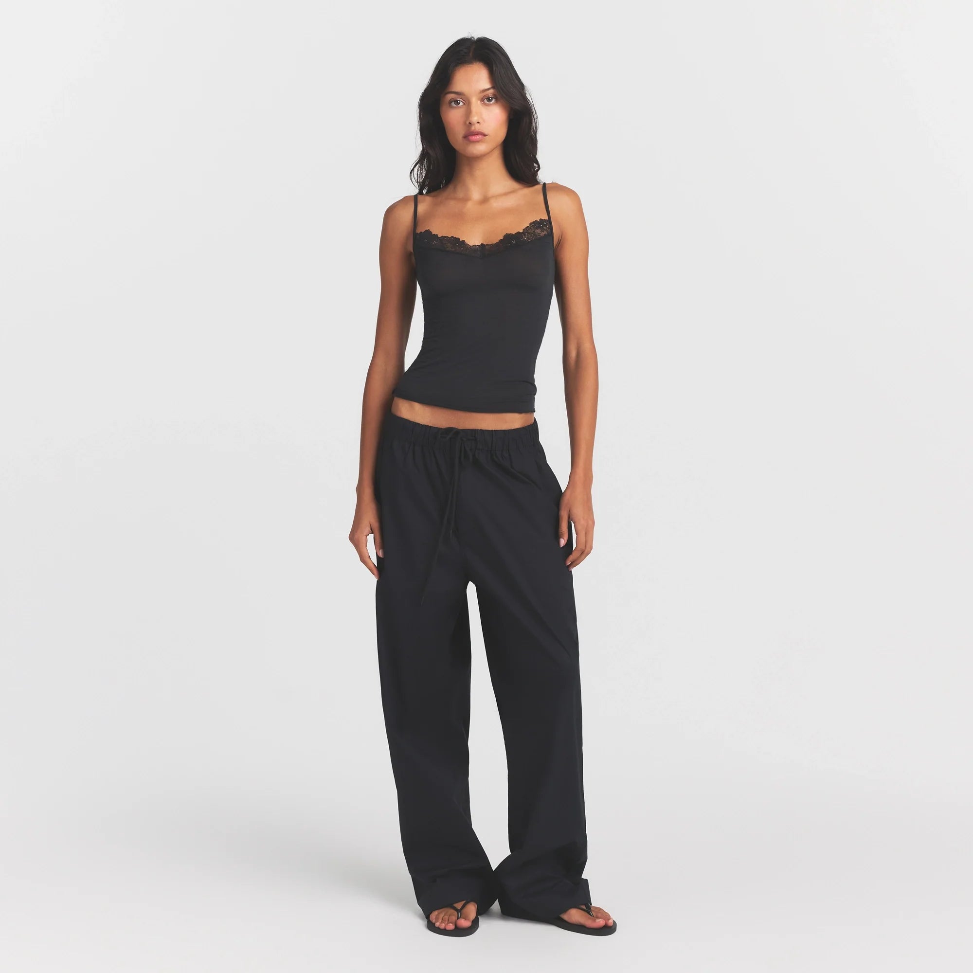 SHEER MODAL LACE CAMI | ONYX ON A MODEL FRONT VIEW