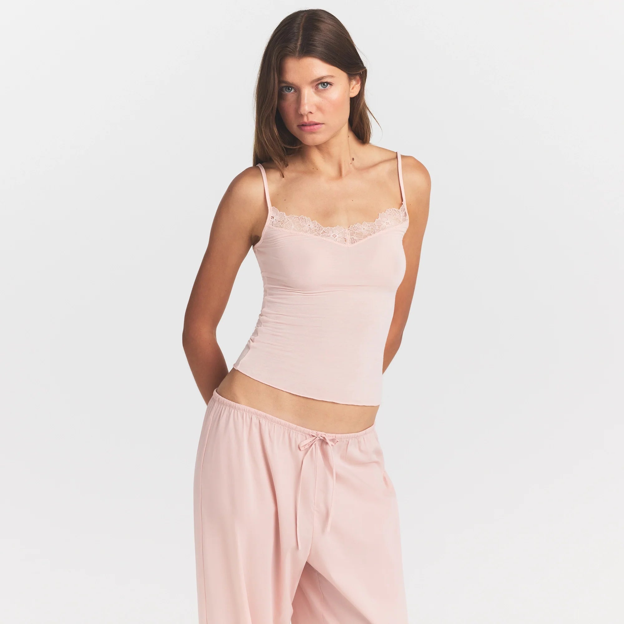 SHEER MODAL LACE CAMI | PRIMROSE ON A MODEL SIDE VIEW
