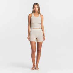 COTTON RIB SCOOP NECK TANK | STONE ON A MODEL FRONT VIEW @ | FOCUS: 0.0, 1.0, 0.9