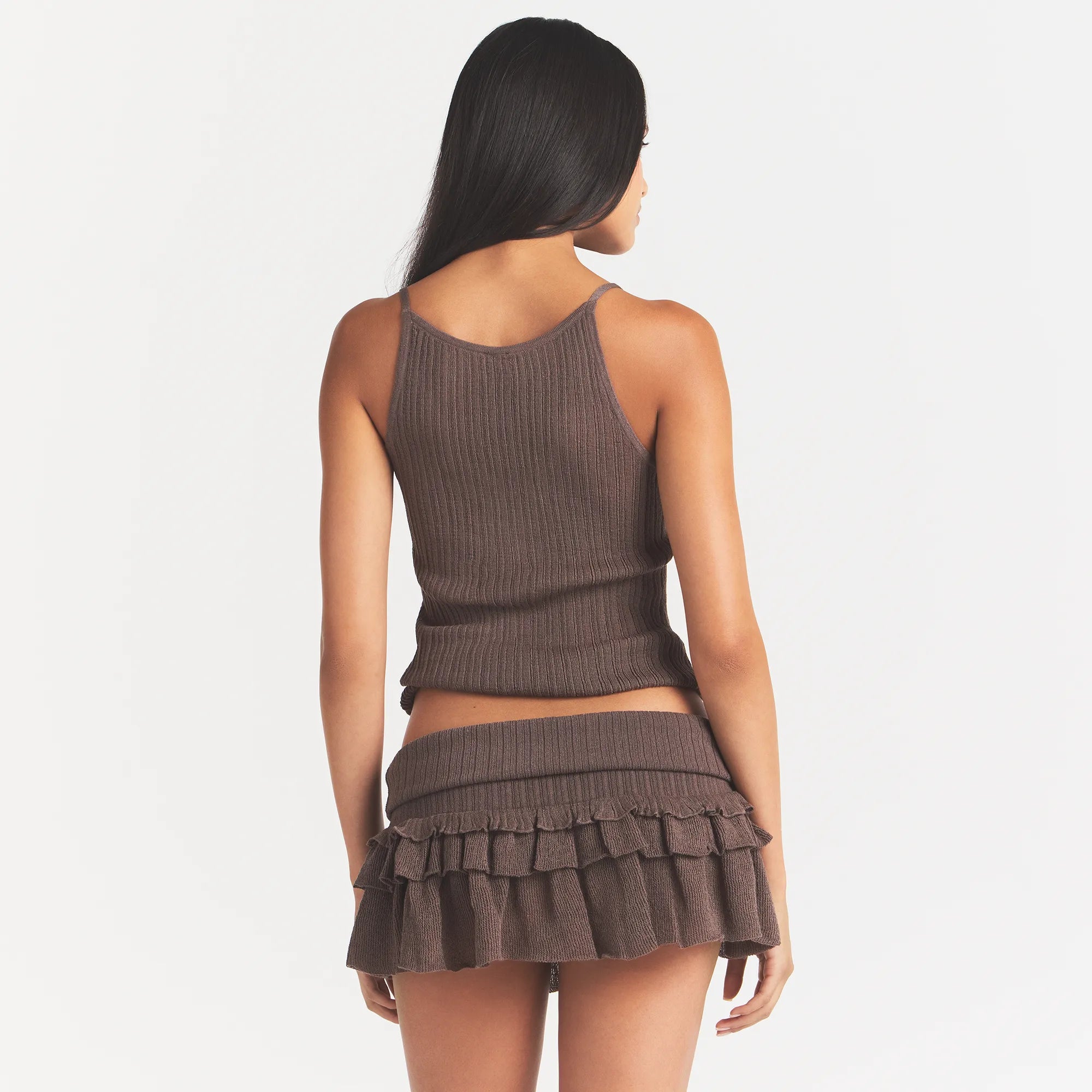 SHEER KNIT PLUNGE TANK | AMETHYST ON A MODEL BACK VIEW @ | FOCUS: 0.0, 1.0, 0.9