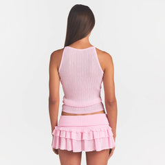 SHEER KNIT PLUNGE TANK | PEONY ON A MODEL BACK VIEW @ | FOCUS: 0.0, 1.0, 0.9